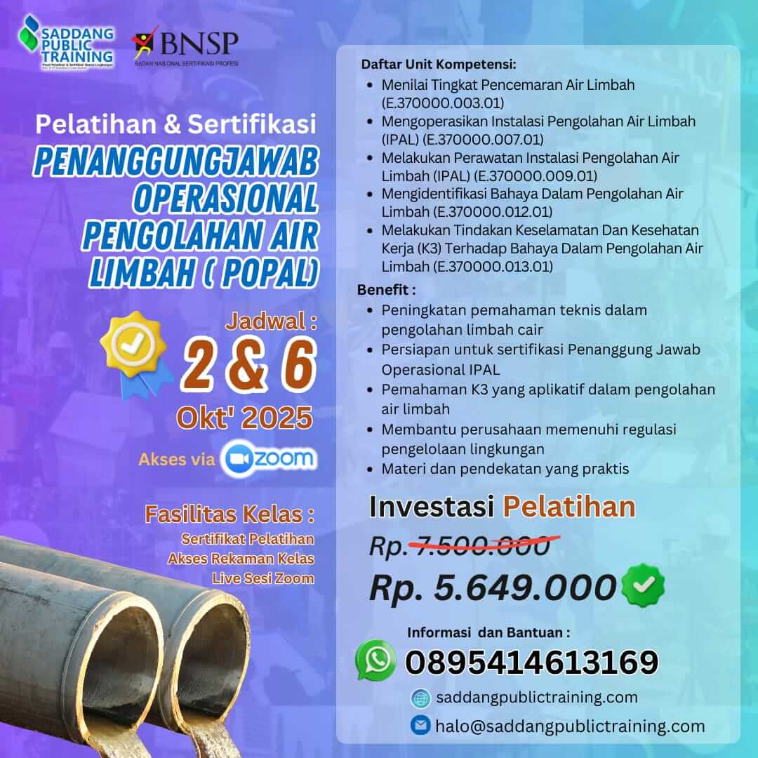 Pelatihan dan Sertifikasi Penanggung Jawab Operasional Pengolahan Air Limbah (POPAL)